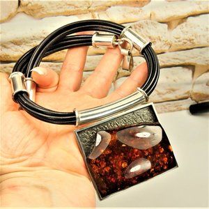 MASSIVE AMBER STERLING PENDANT MULTI LEATHER CORD NECKLACE, GIFT FOR WOMEN